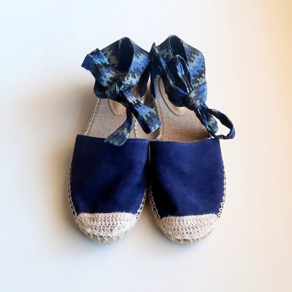 SCHUTZ Blue Suede & Canvas Espadrille Flats with Ties Size 8.5 - Picture 4 of 16